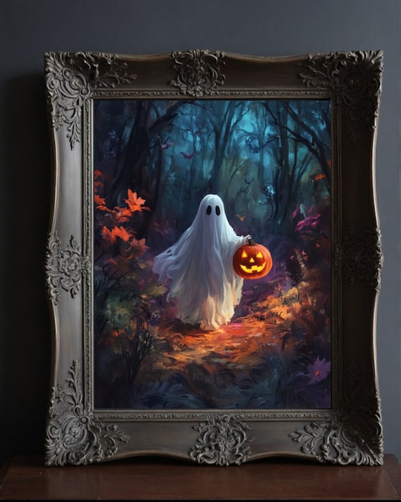 Cute Ghost Carrying Jack O Lantern Through Enchanted Forest Poster