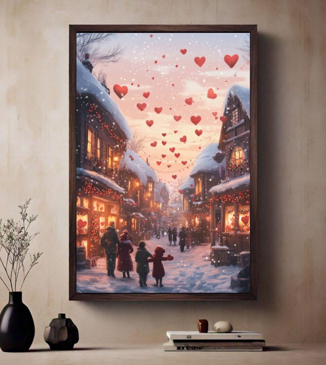 Family Walking Snowy Shopping Street Dusk Floating Hearts Poster