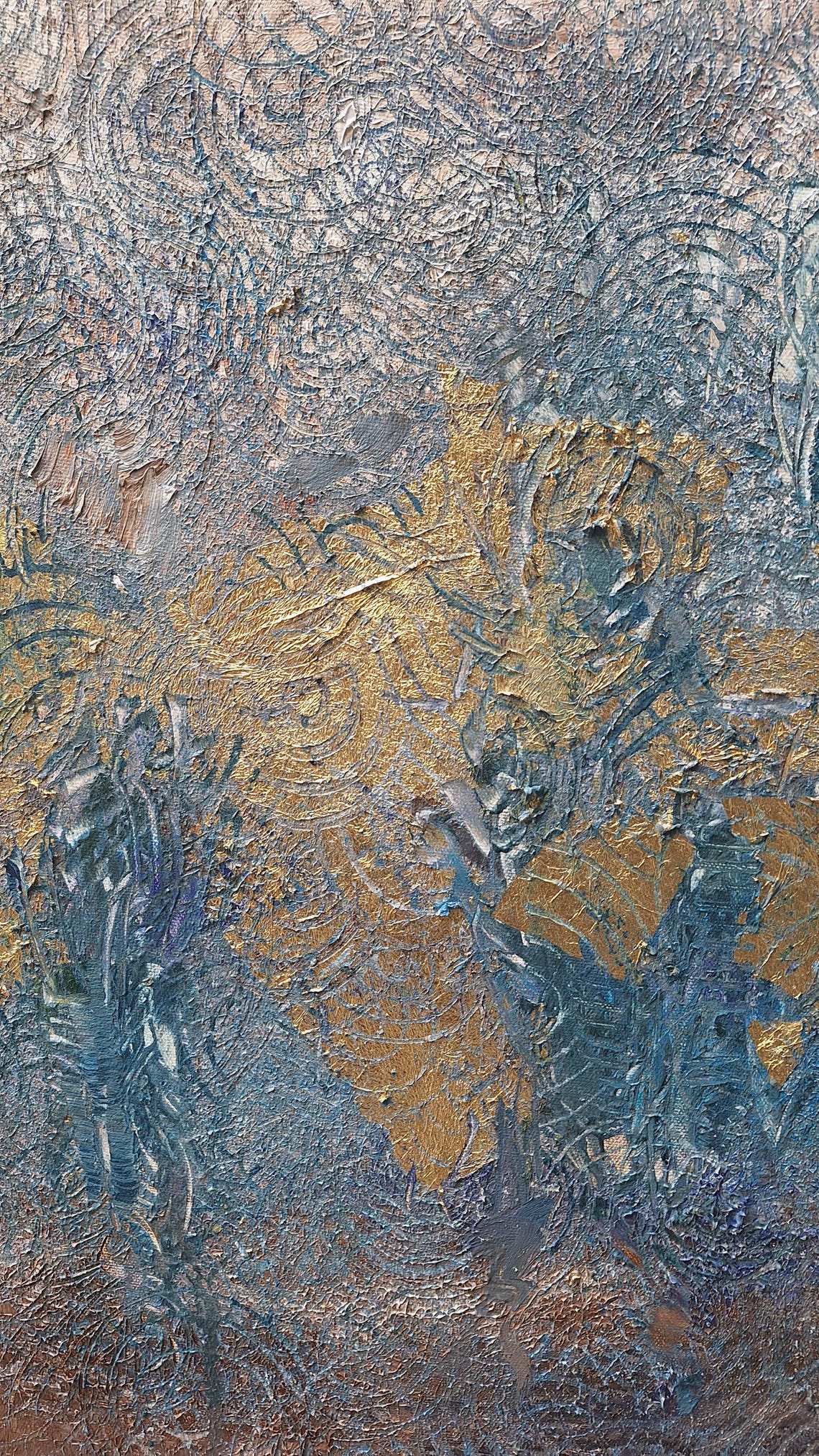 Blue Gold Textured Abstract Modern Impasto Original Oil Art Poster - Image 2