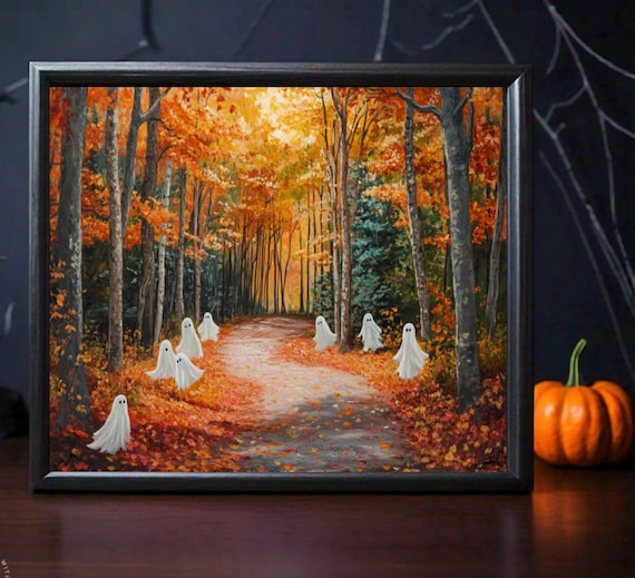Cute Ghosts Autumn Wall Art Landscape Painting Fall Home Decor Fall Prints Moody Wall Art Forest Wall Art Instant Jpg