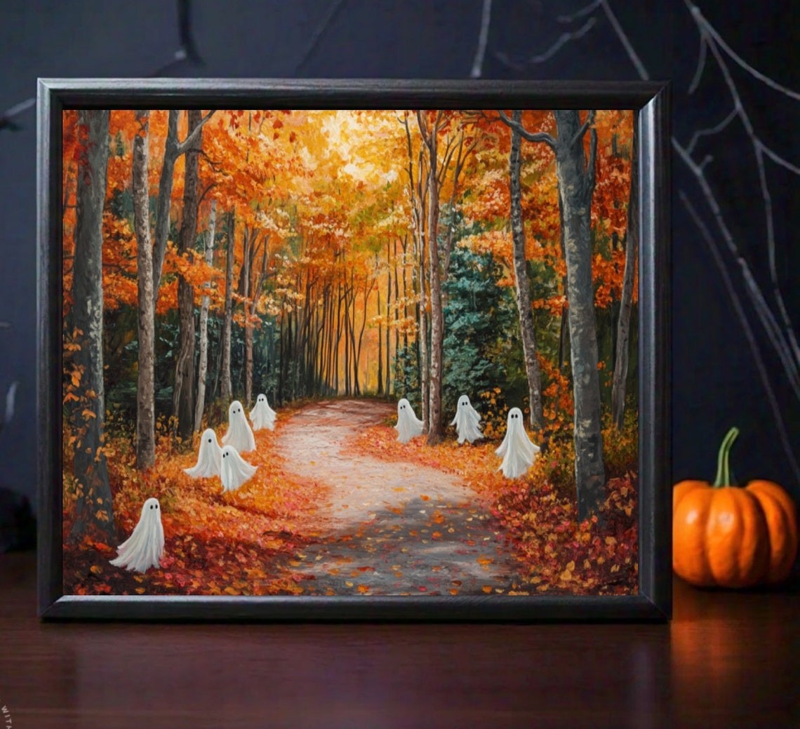 Cute Ghosts Autumn Wall Art Landscape Painting Fall Home Decor Fall Prints Moody Wall Art Forest Wall Art Instant Jpg