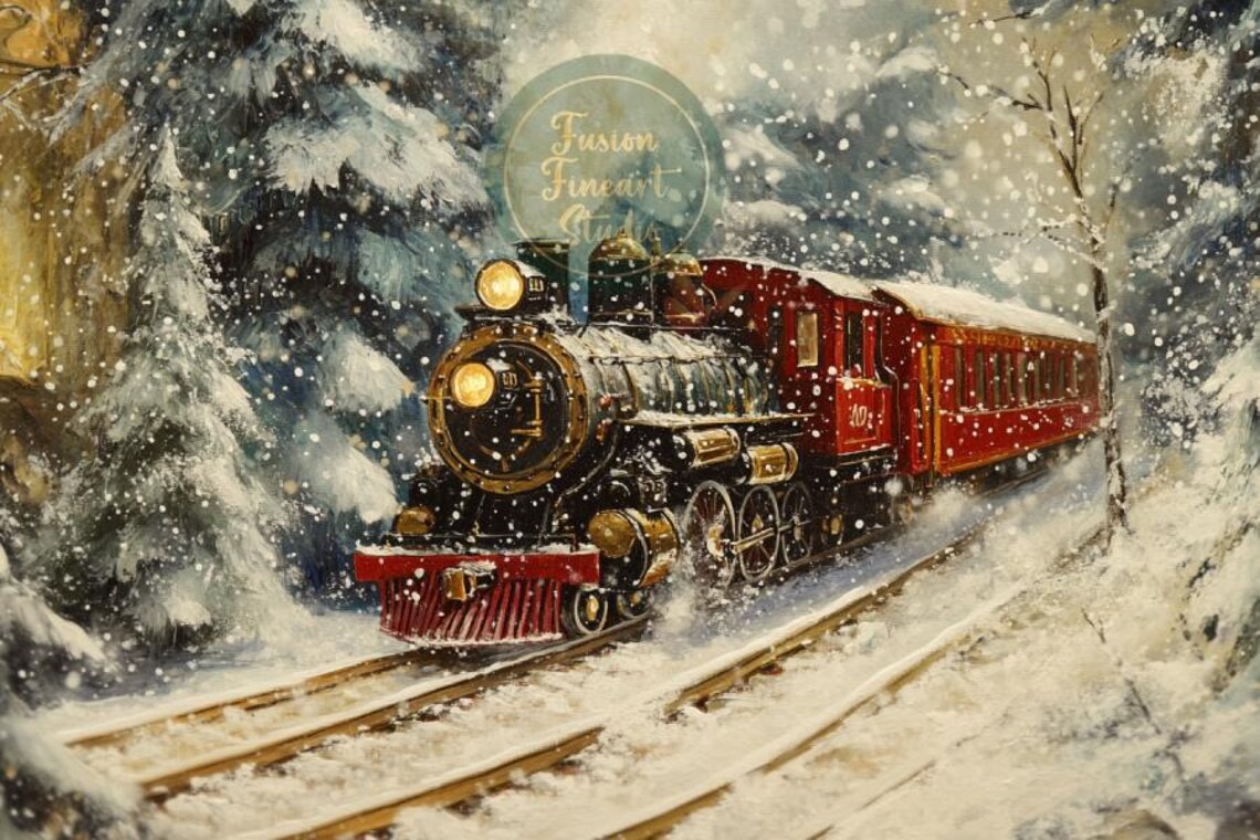 Christmas Train Art Print, Rustic Winter Scene - Image 3