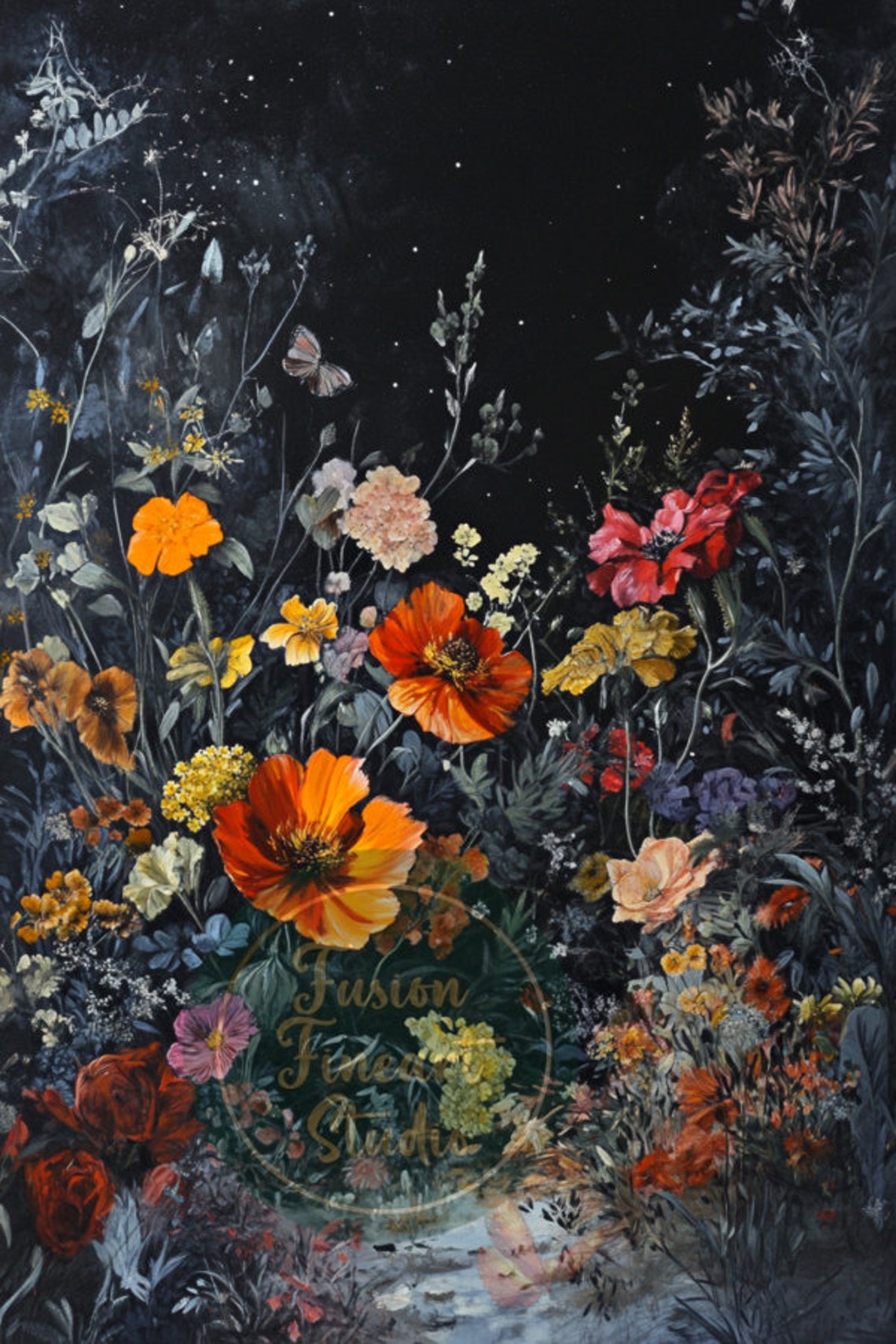 Moody Dark Floral Orange Poppies Night Botanical Gothic Poster - Image 3