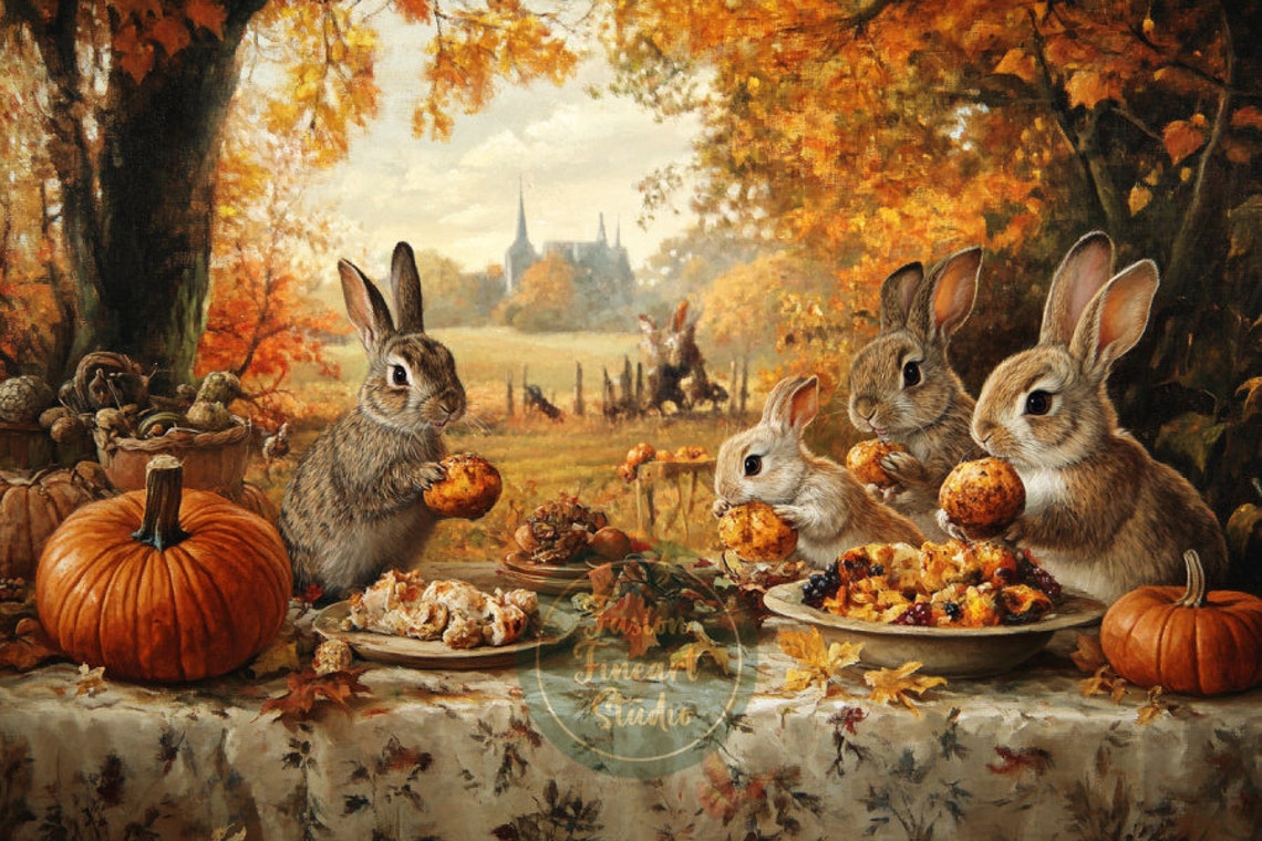 Rabbits Autumn Harvest Picnic Pumpkin Thanksgiving Cute Poster - Image 3