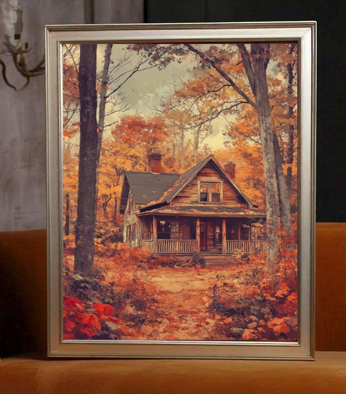 Rustic Cabin Porch Autumn Forest Orange Foliage Cozy Retreat Poster