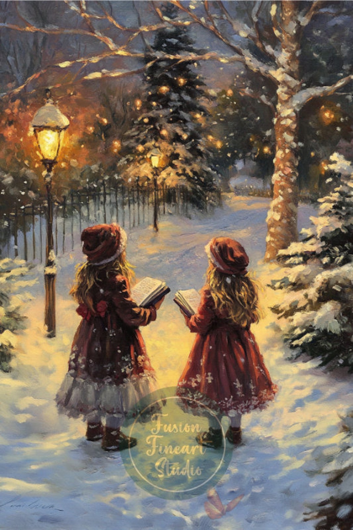 Little Christmas Carolers in Snowy Lamplit Park Vintage Holiday Poster - Image 3
