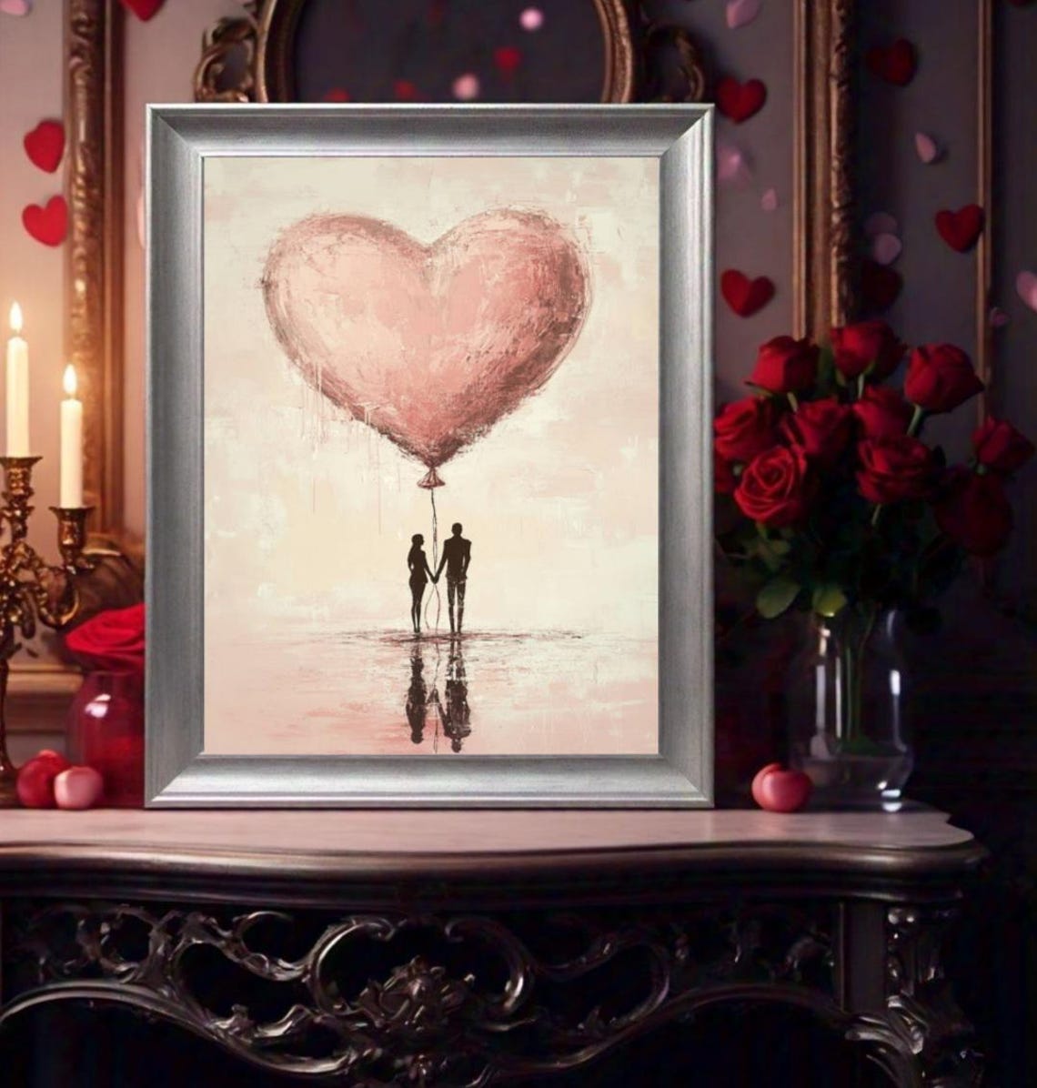 Couple Silhouette Giant Heart Balloon Minimal Pink Love Poster