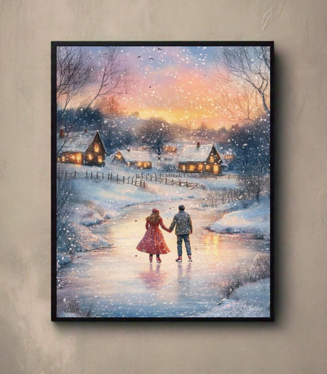Couple Ice Skating Frozen Pond Sunset Snowy Cottages Scene Poster