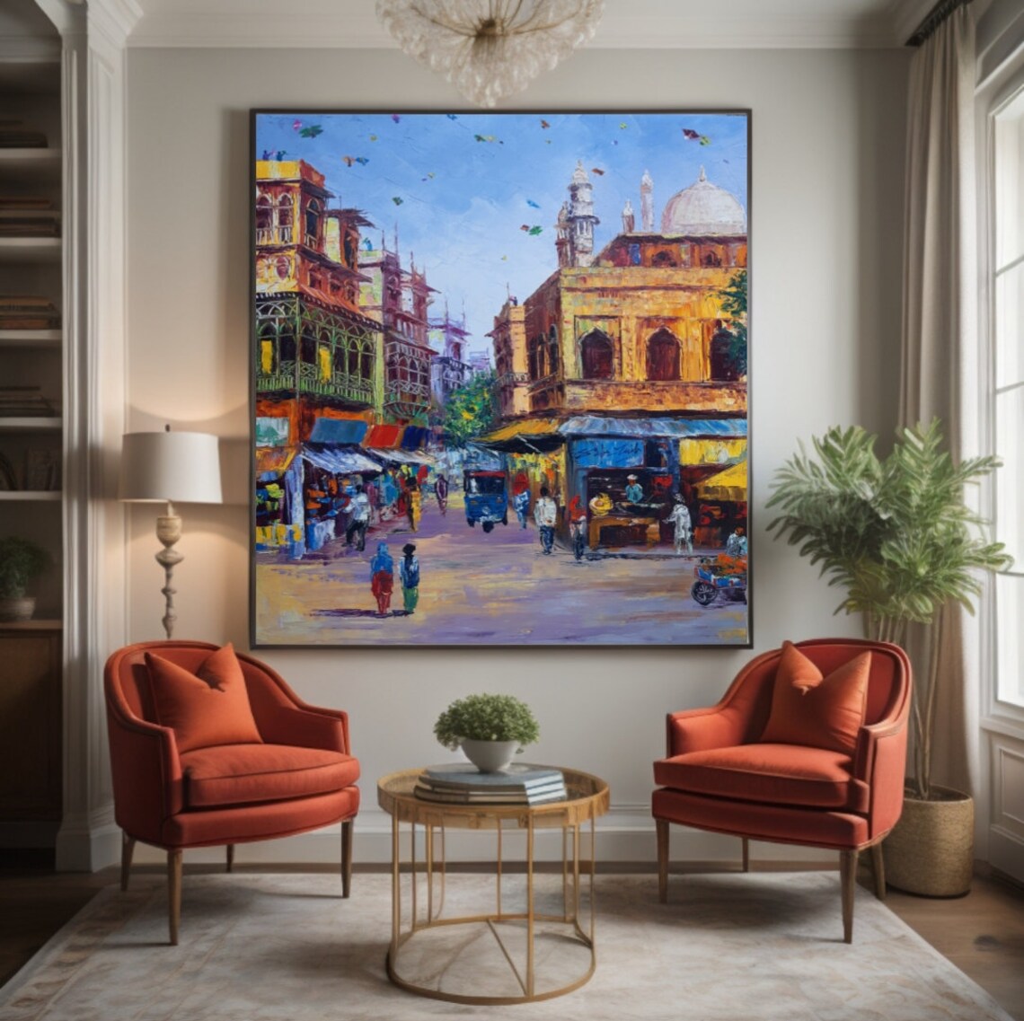 Old Cityscape Indian Art Oil Painting, Textured Wall Art