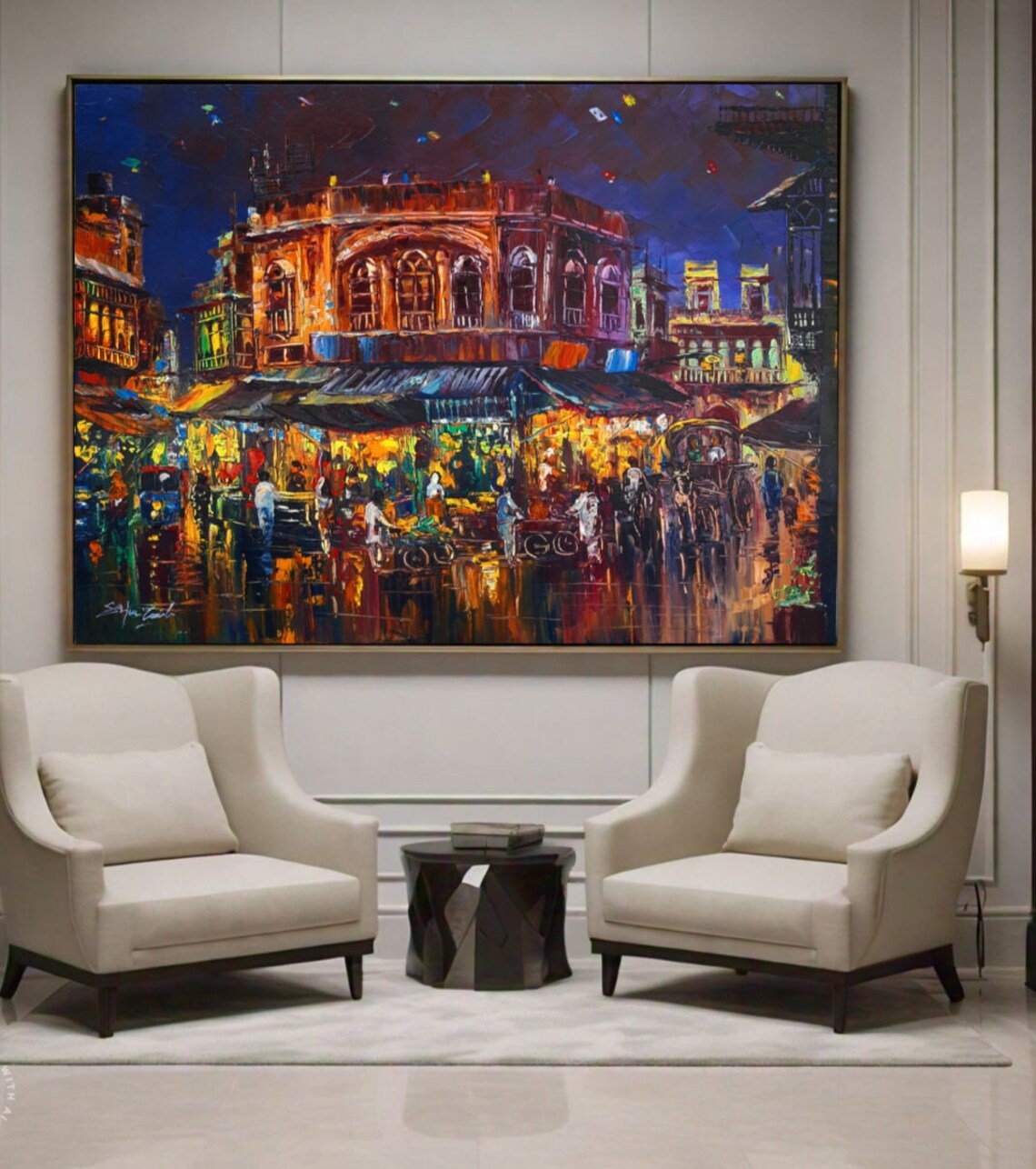 Indian Art Oil Painting for Home, Large Textured Art