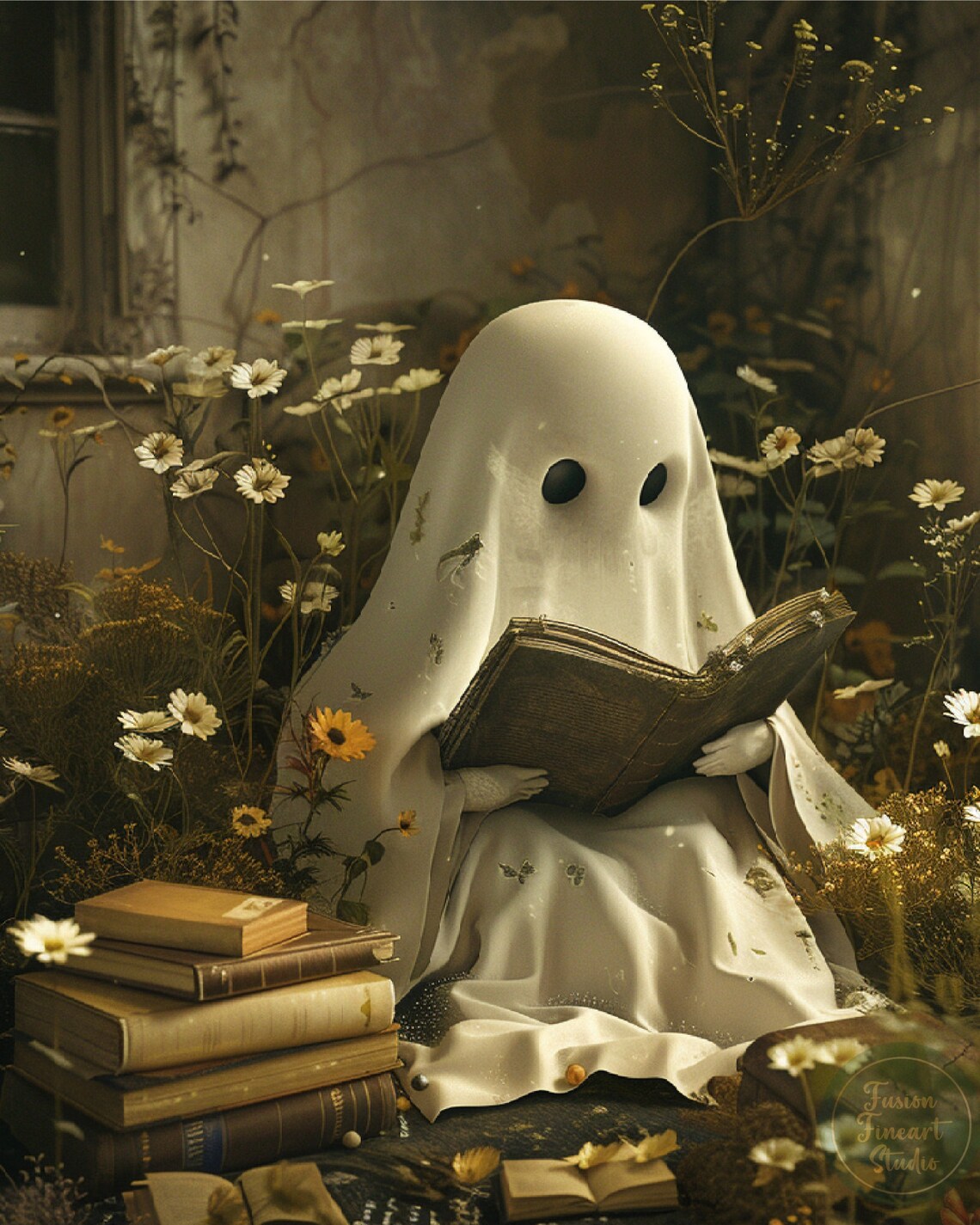 Cute Ghost Reading Book Halloween Art Print - Image 3