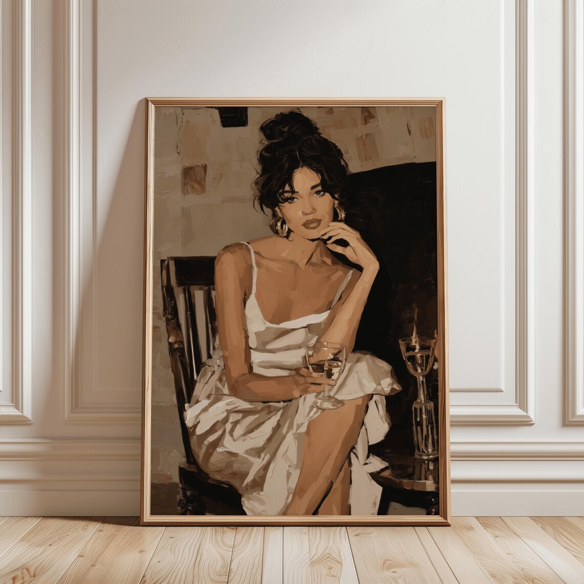Moody Woman White Slip Dress Wine Glass Night Oil Painting Wall Art