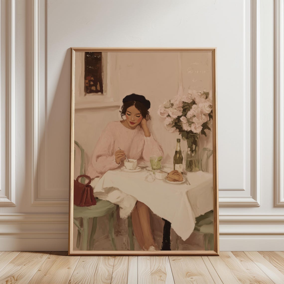 Parisian Woman Beret Coffee Croissant Cozy Cafe Scene Art Poster