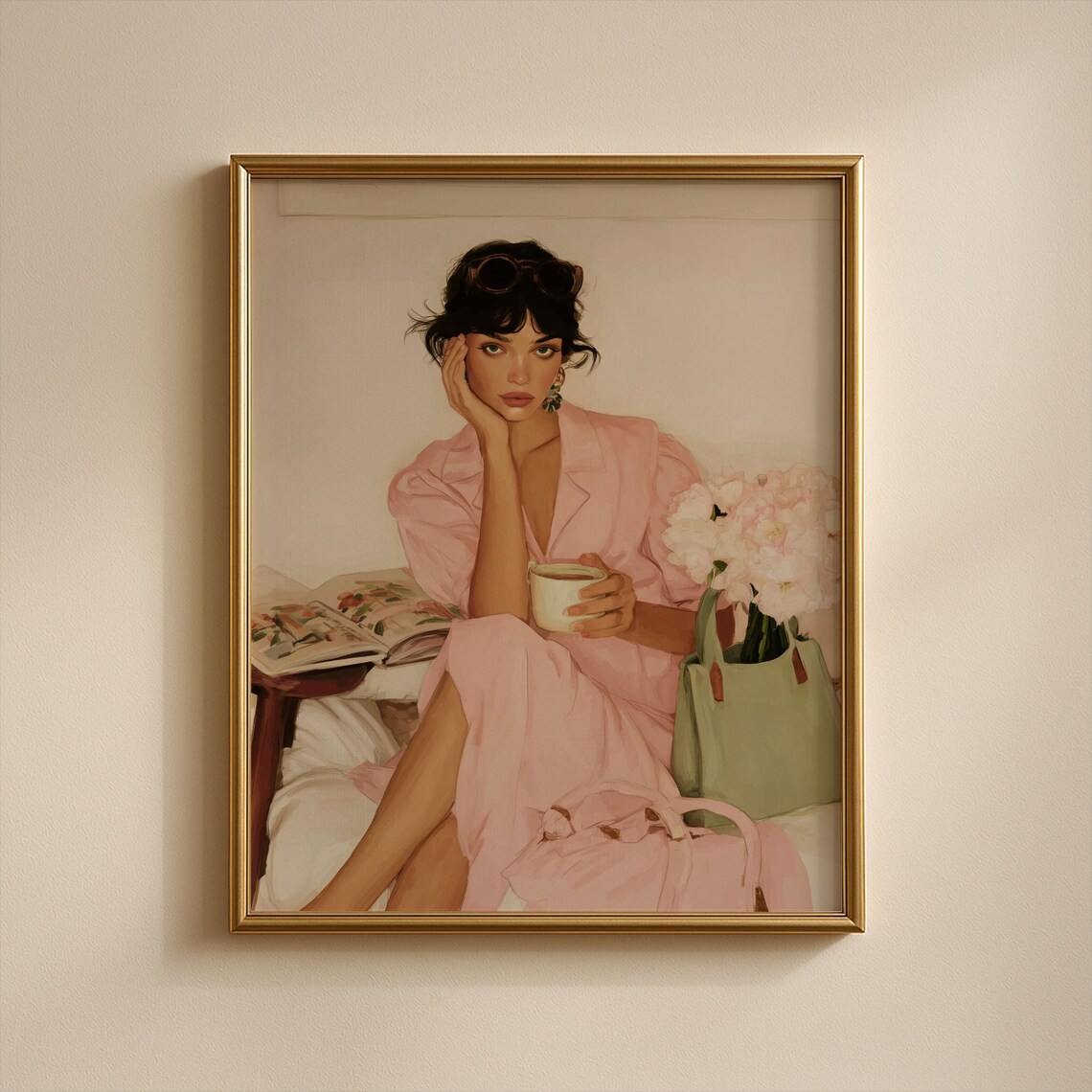 Chic Woman in Pink Morning Coffee Fashion Illustration Wall Art