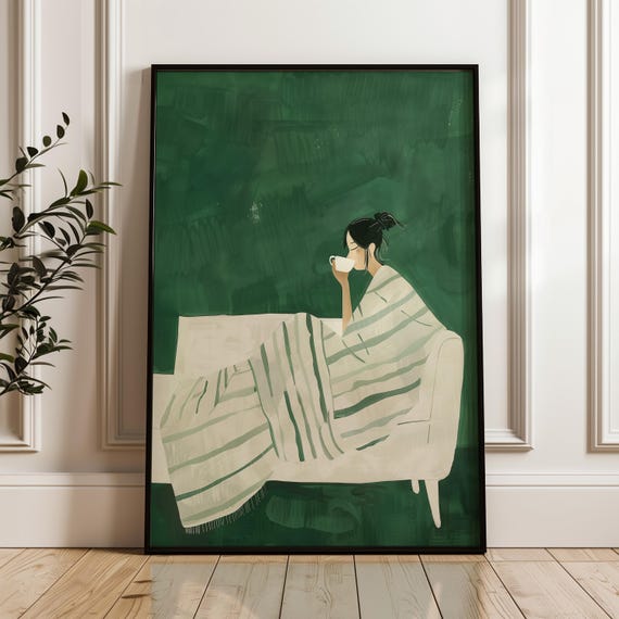Woman Relaxing With Coffee Wall Art Cozy Minimalist Illustration With Striped Blanket Tranquil Home Decor Print
