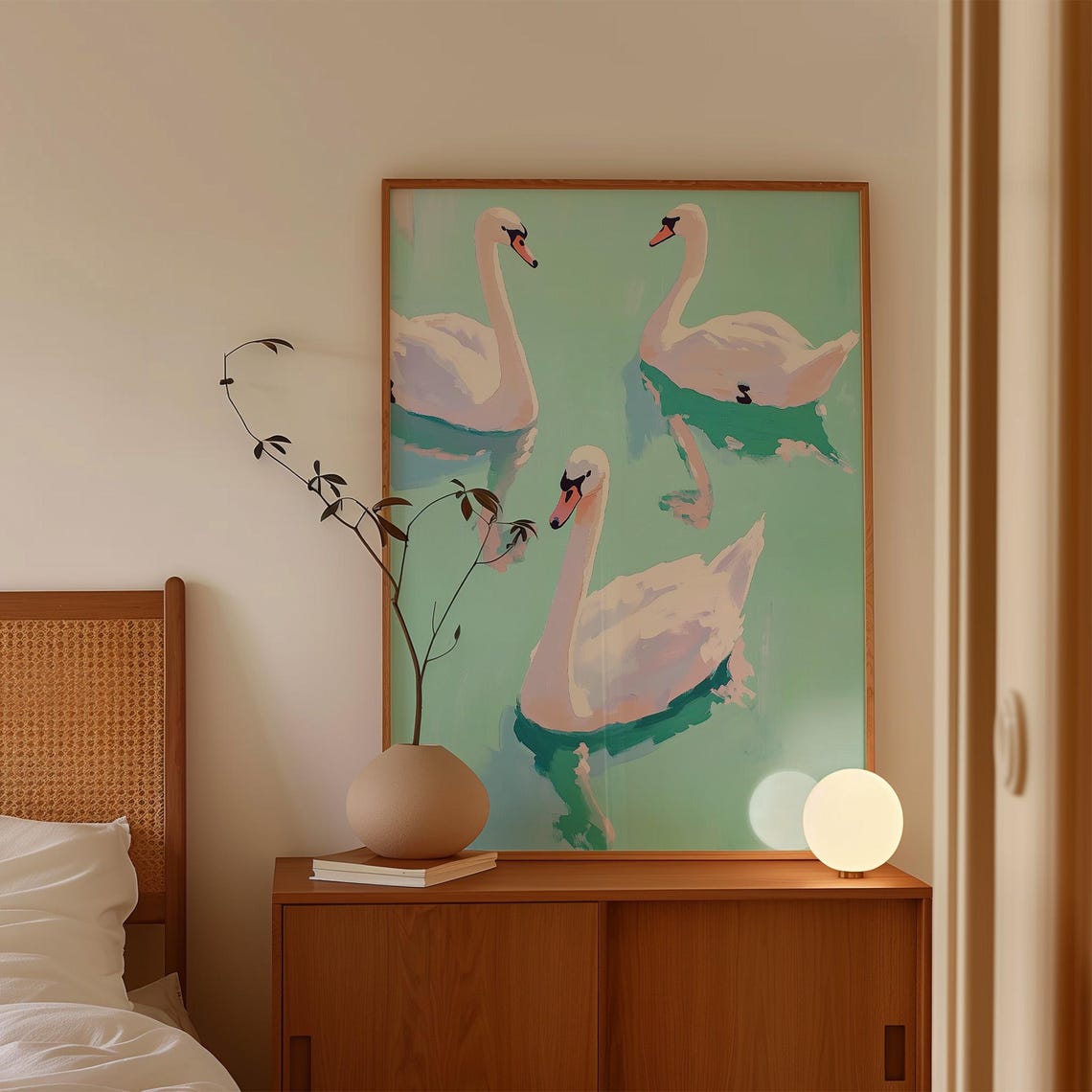 Three White Swans Floating on a Mint Green Lake Watercolor Poster - Image 3