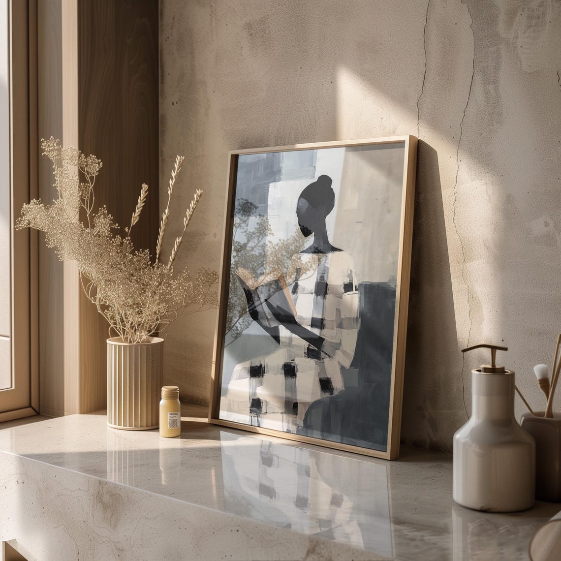 Faceless Woman Reading A Book In Grey Checkered Dress Wall Art - Image 2
