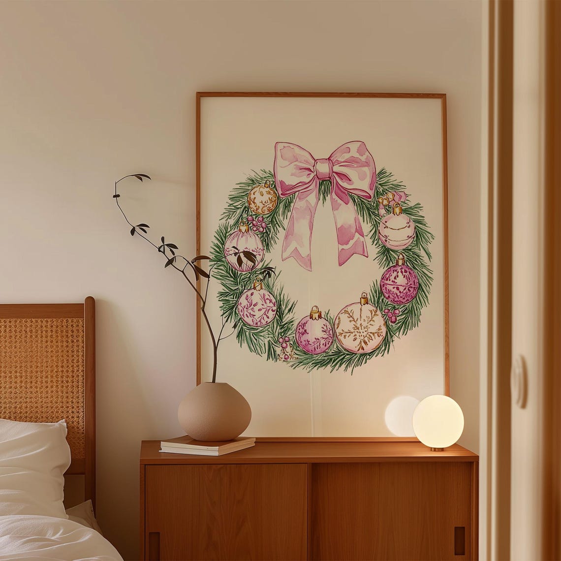 Pink Christmas Wreath With a Big Bow and Pastel Ornaments Poster - Image 3