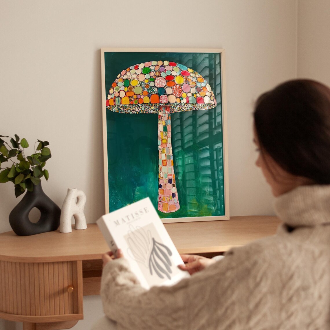 Colorful Mosaic Tile Mushroom Standing on Teal Background Poster