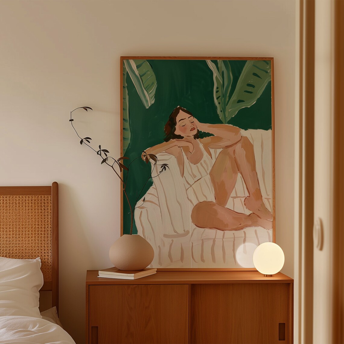 Woman Reclining In White Stripes Tropical Leaves Matisse Style Portrait Poster - Image 3