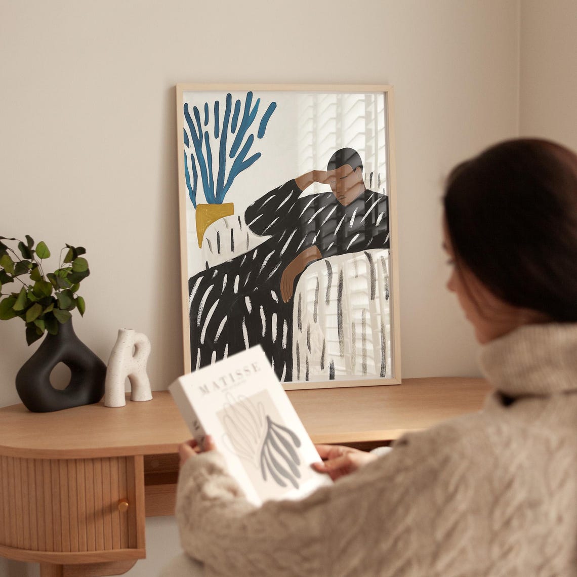 Reclining Figure in Chair With Blue Plant Minimalist Figure Poster - Image 5