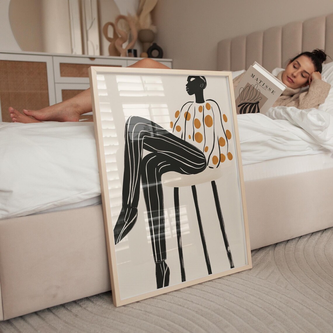 Minimalist Seated Figure, Striped Pants & Polka Dots Art Print - Image 4