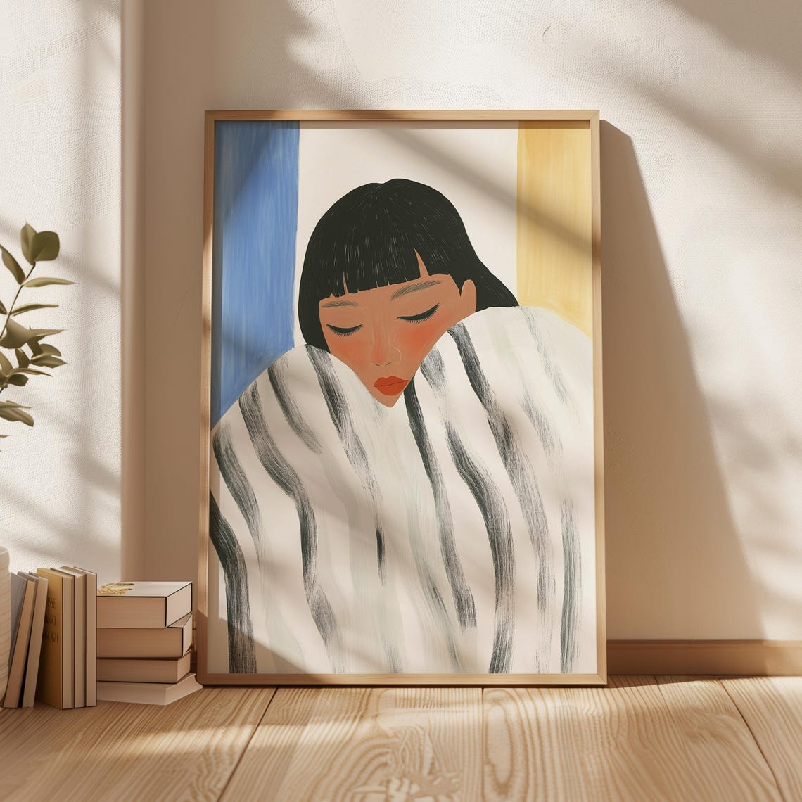 Abstract Minimalist Portrait Serene Figure With Striped Blanket Modern Illustration Cozy Neutral Wall Art Blue And Yellow Accents