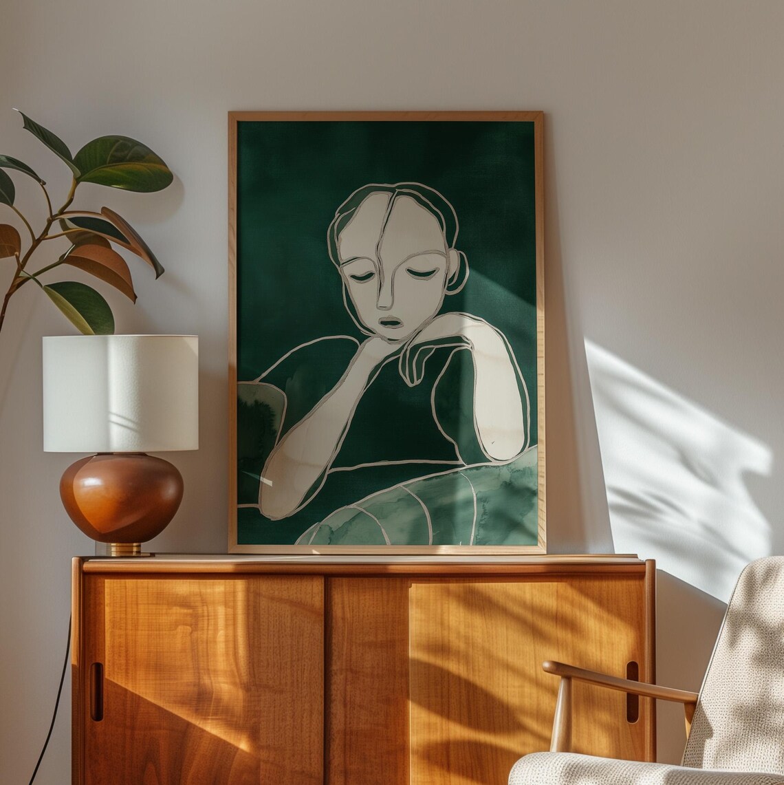 Minimalist Line Art Portrait with Closed Eyes on Green Poster - Image 2