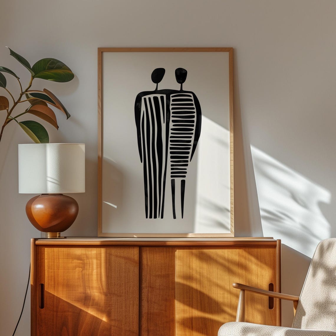 Minimalist Couple Figures Black White Abstract Linocut Style Poster - Image 2