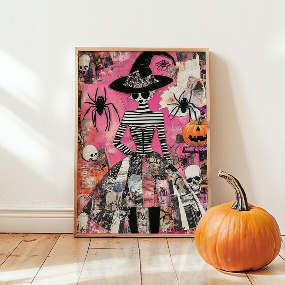 Pink Halloween Witch Collage Spiders Skulls and Pumpkin Spooky Art Poster
