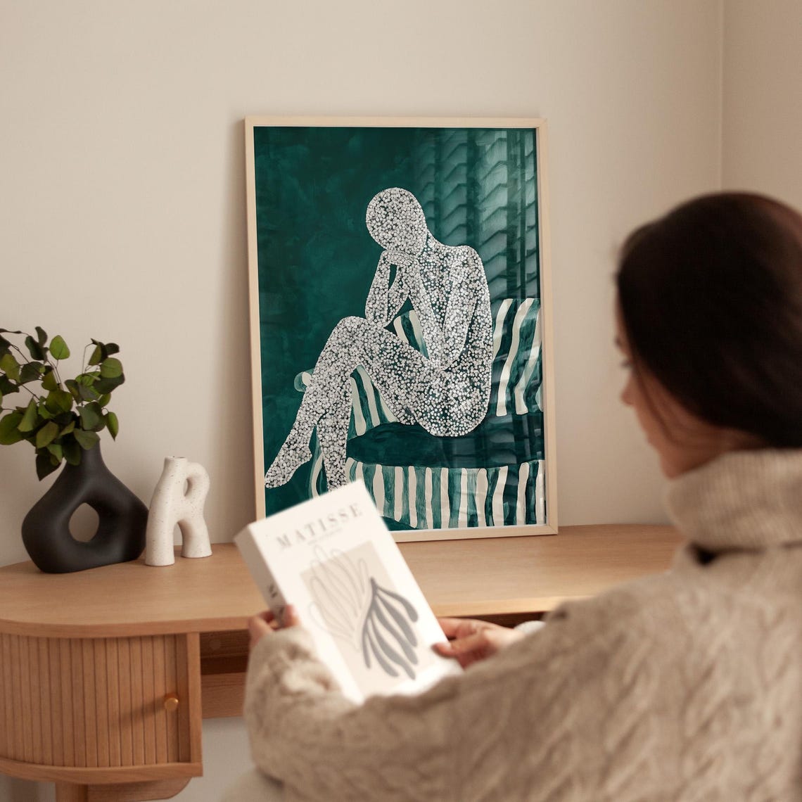 Textured Seated Figure Art Print Abstract Emotional Silhouette Painting Minimal White Dot Pattern Artwork Contemplative Green Decor - Image 3