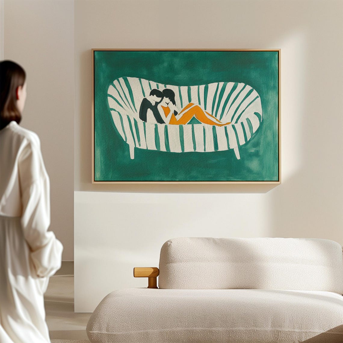 Couple Embracing on Striped Couch Green Abstract Love Poster - Image 4