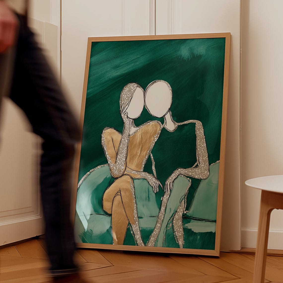 Two Figures Leaning Together on a Green Sofa in Gold Tones Poster - Image 5
