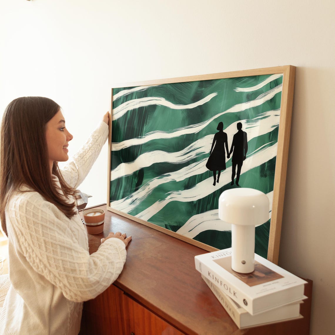 Couple Silhouette On Green Waves Romantic Modern Love Art Poster - Image 2