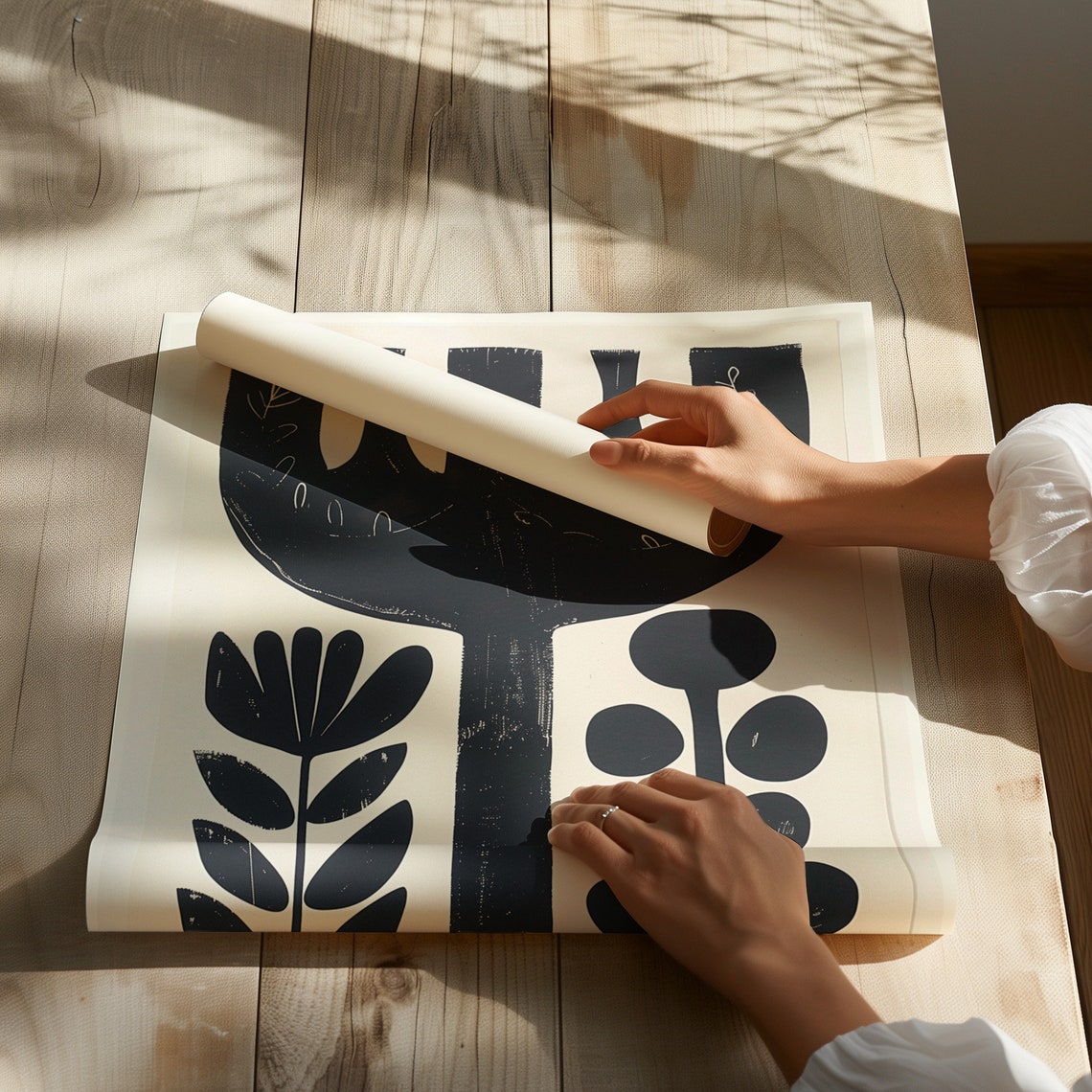 Nordic Botanical Black Plant Silhouette Cream Folk Graphic Art Poster - Image 2