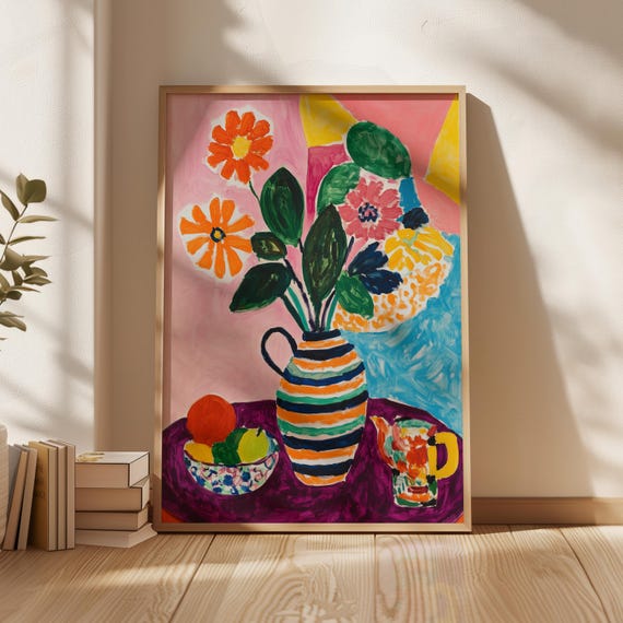 Bold Colorful Print Bright Floral Vase Wall Art Fruit Bowl And Flowers Vibrant Kitchen Decor Abstract Contemporary Art
