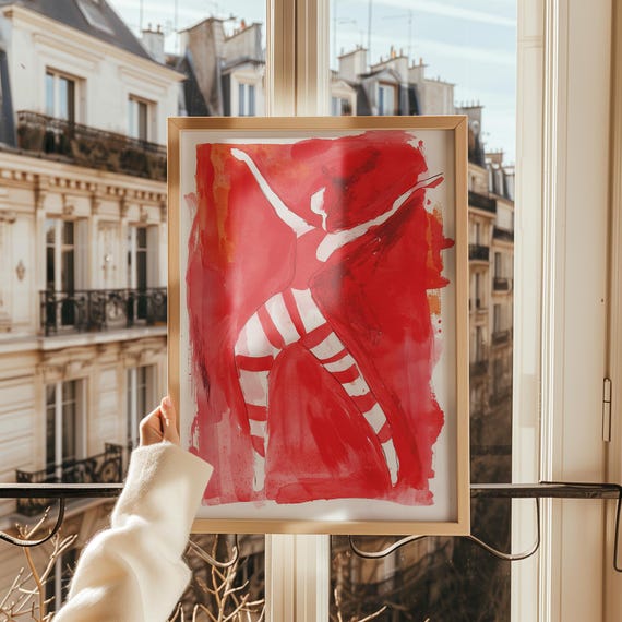 Abstract Red Dance Illustration Bold Movement Wall Art Modern Striped Figure Artwork Energetic Contemporary Dance Poster