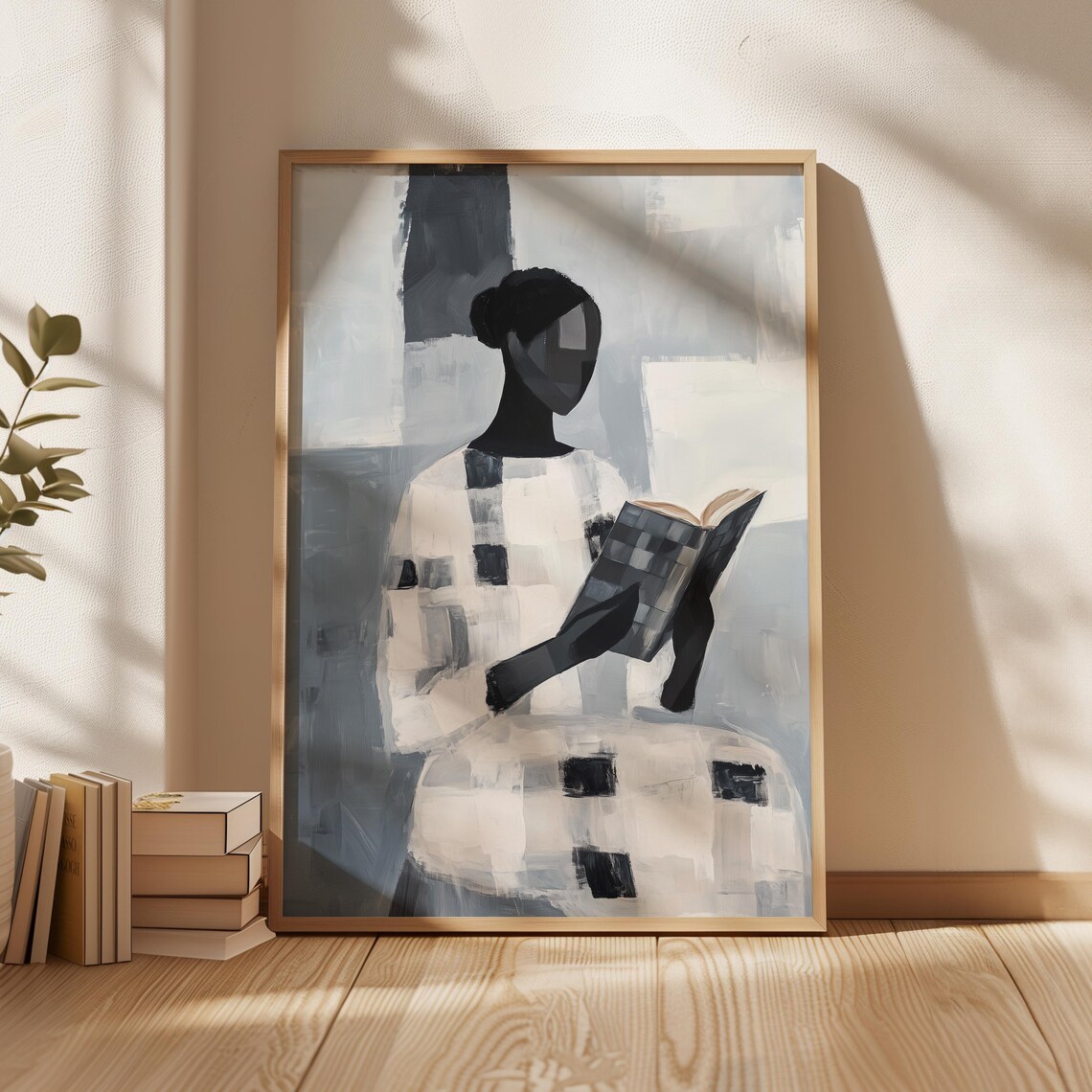 Abstract Woman Reading Book Stylish Modern Cubist Monochrome Art Poster