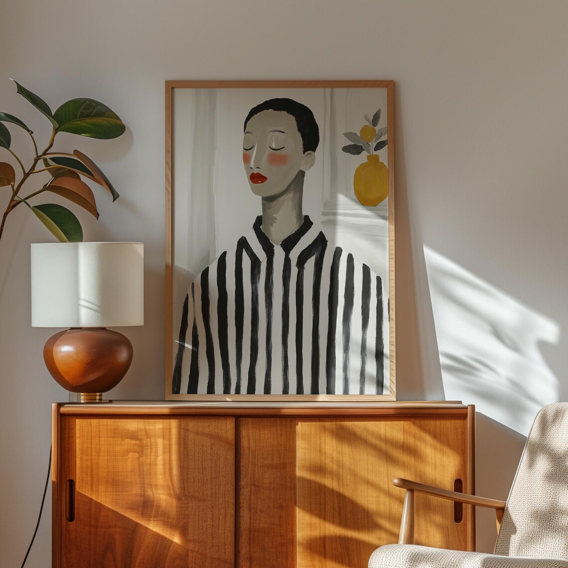 Serene Woman in Striped Shirt With Lemon Vase Minimalist Poster - Image 2