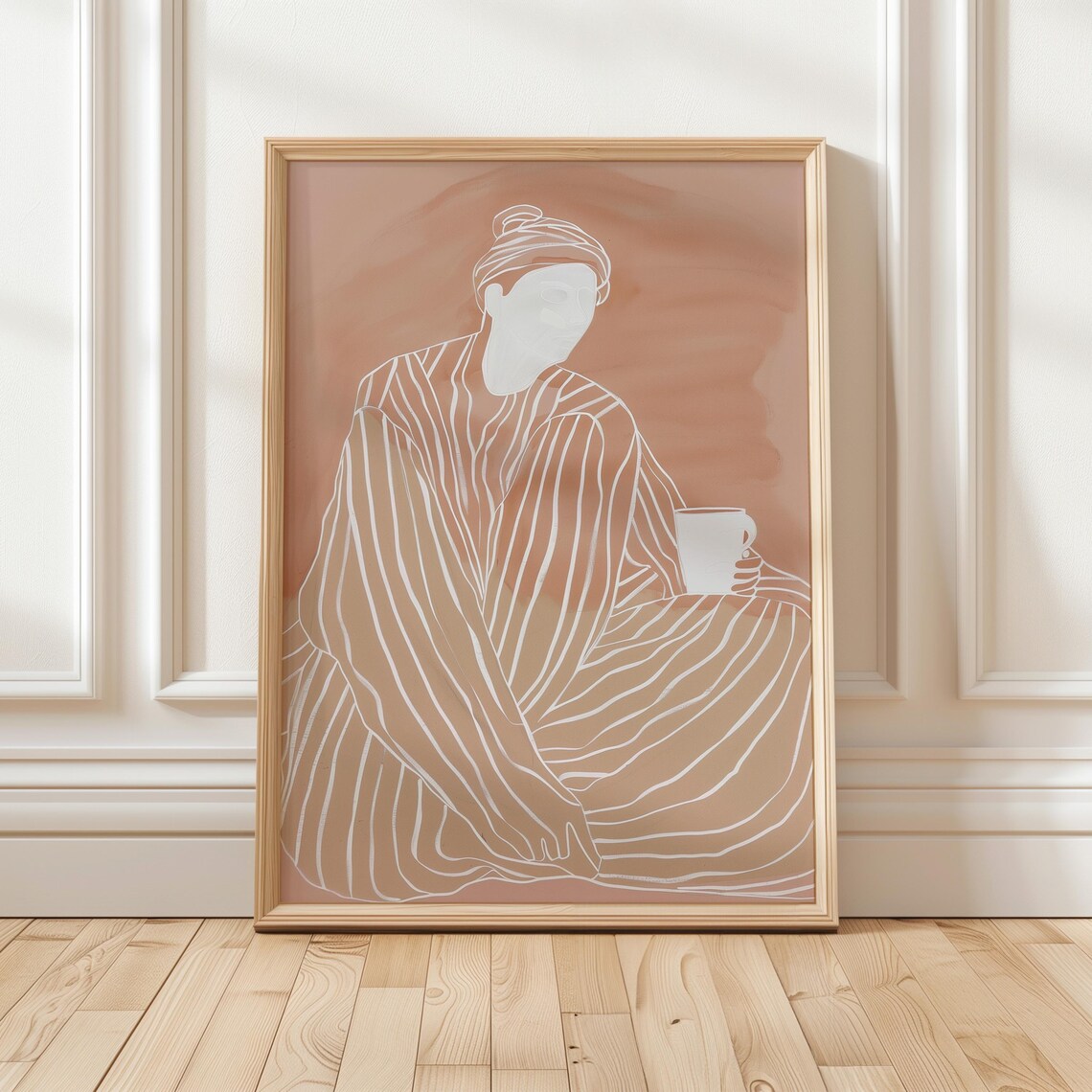 Woman Holding Tea Cup Line Art Dusty Rose Minimalist Figure Poster