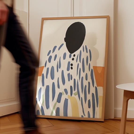 Minimalist Abstract Portrait Wall Art Blue And White Illustration Modern Faceless Figure Print Neutral Decor With Warm Tones