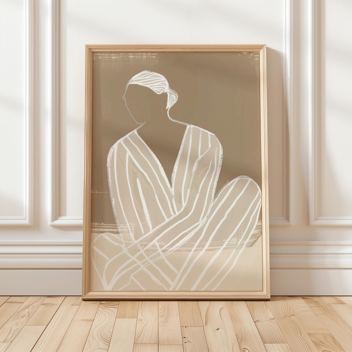 Abstract Woman Striped Cloak Line Art Beige Minimalist Portrait Poster