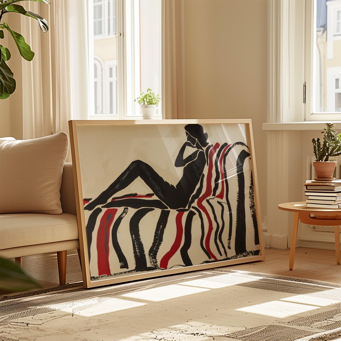 Reclining Woman Silhouette on Striped Couch Bold Abstract Poster - Image 2