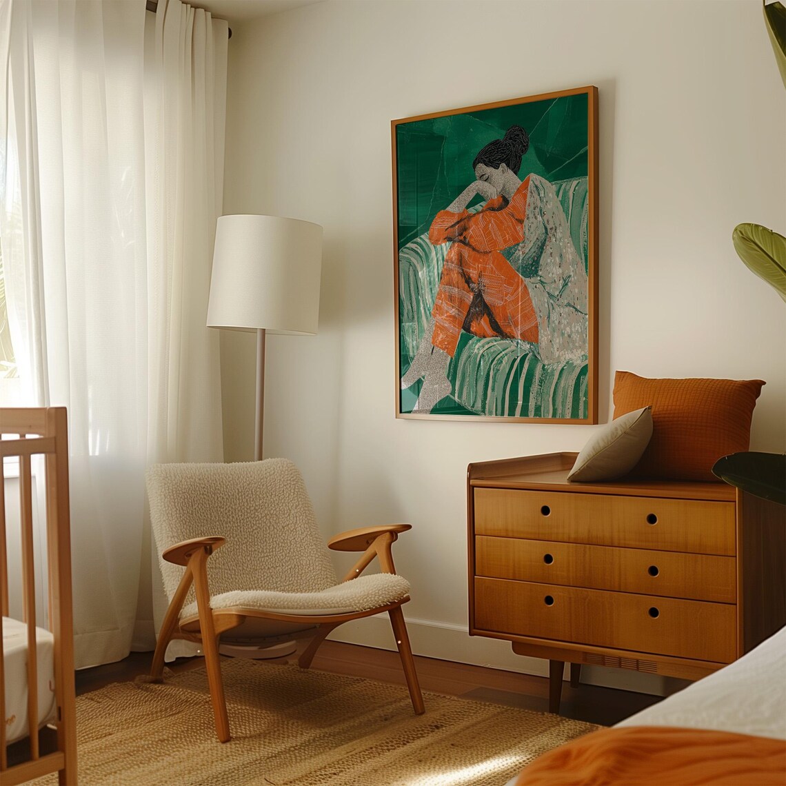Abstract Woman In Orange And Green Art Print Modern Cozy Reading Artwork Emotional Portrait Introspective Home Decor Self Care Wall Art - Image 4