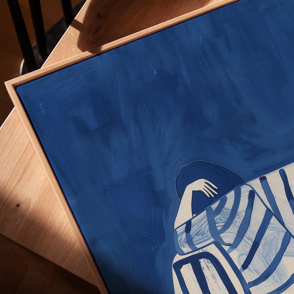 Minimalist Woman On Striped Sofa Blue White Abstract Art Print - Image 3