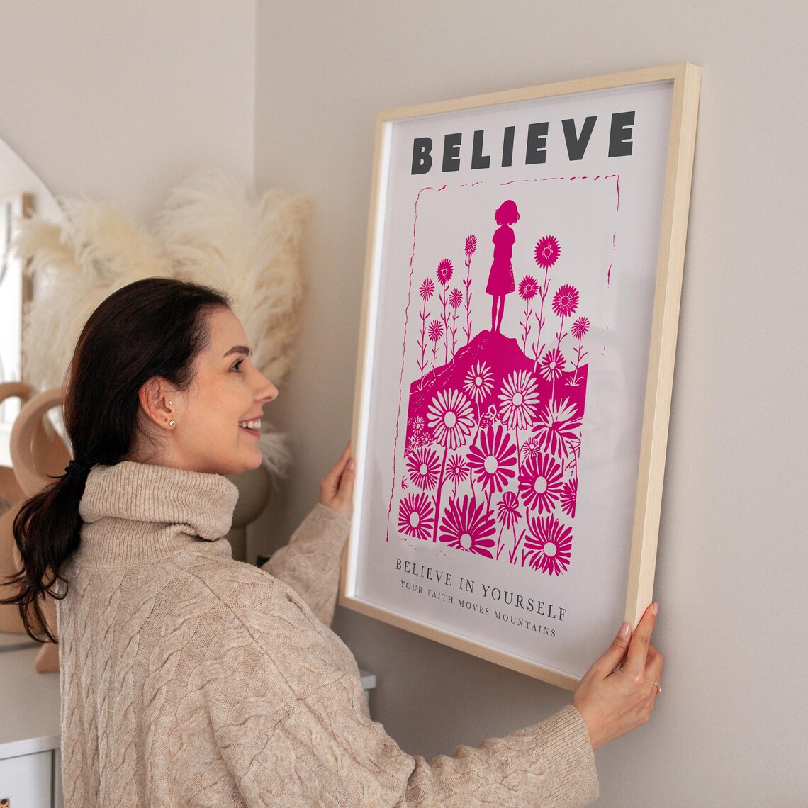 Believe In Yourself Pink Floral Motivational Quote Inspirational Poster - Image 3
