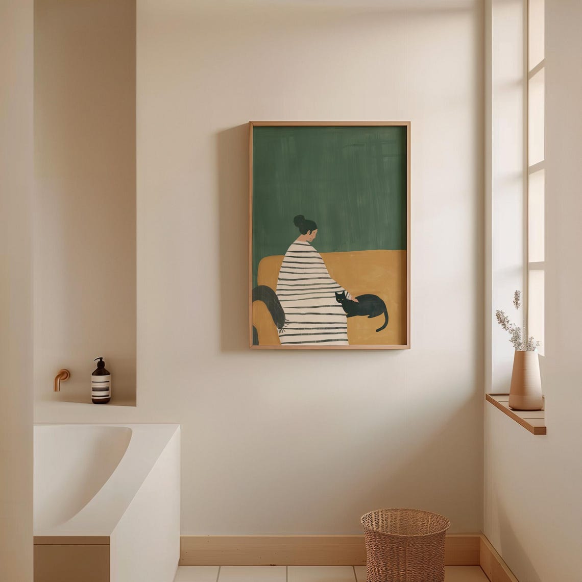 Woman Sitting With Black Cat Minimalist Illustration Wall Art - Image 4