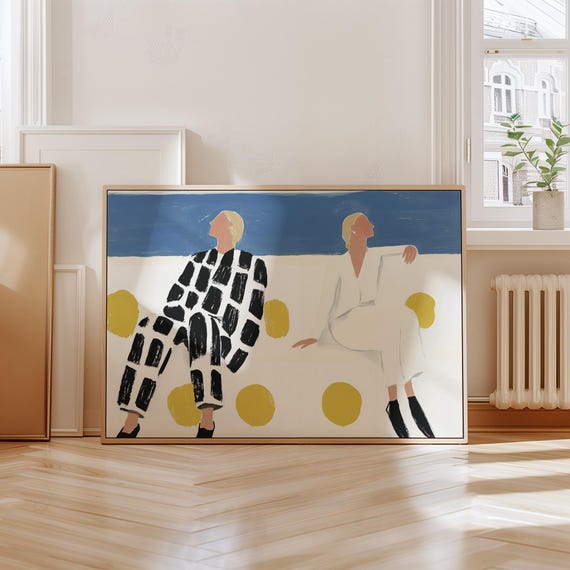 Abstract Couple Art Print Minimalist Modern Figures With Bold Black And White Patterns Golden Accents Contemporary Wall Decor