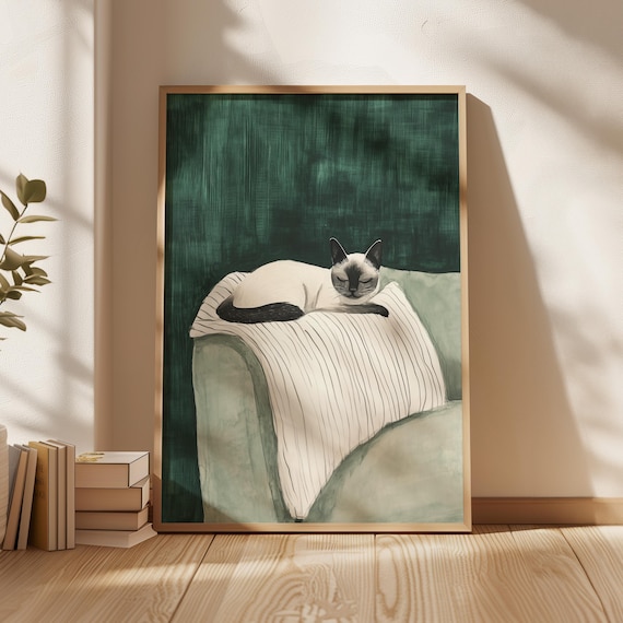 Elegant Siamese Cat Resting On Striped Blanket Green Chair Poster