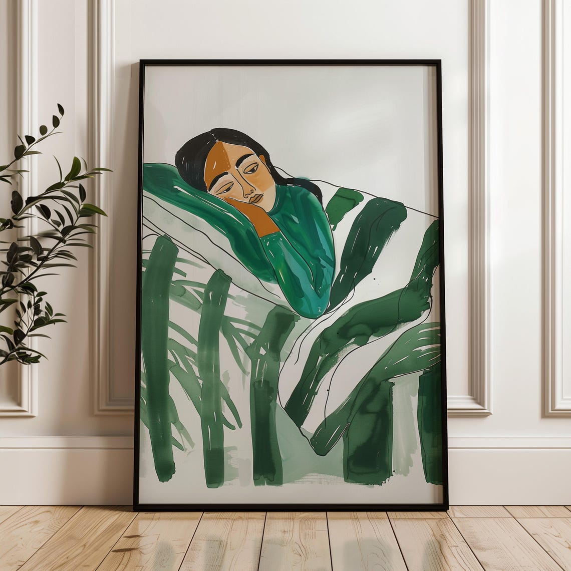 Woman Resting Among Green Leaves Emerald Botanical Figure Poster
